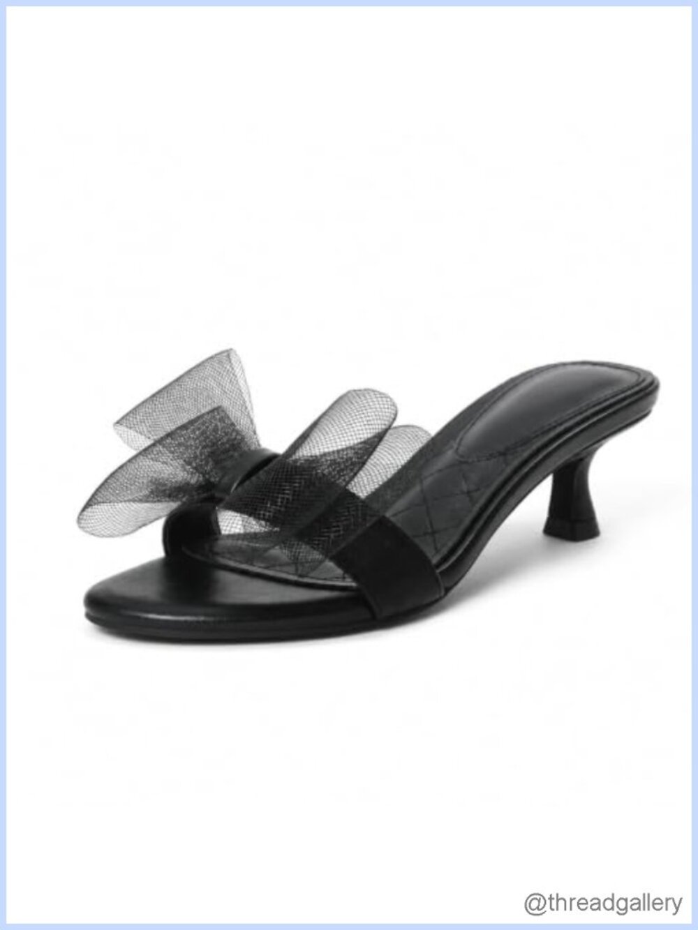 Kitten Heel Mules Slip On Open Toe Heeled Sandals Faux Leather Tulle Mesh Bow